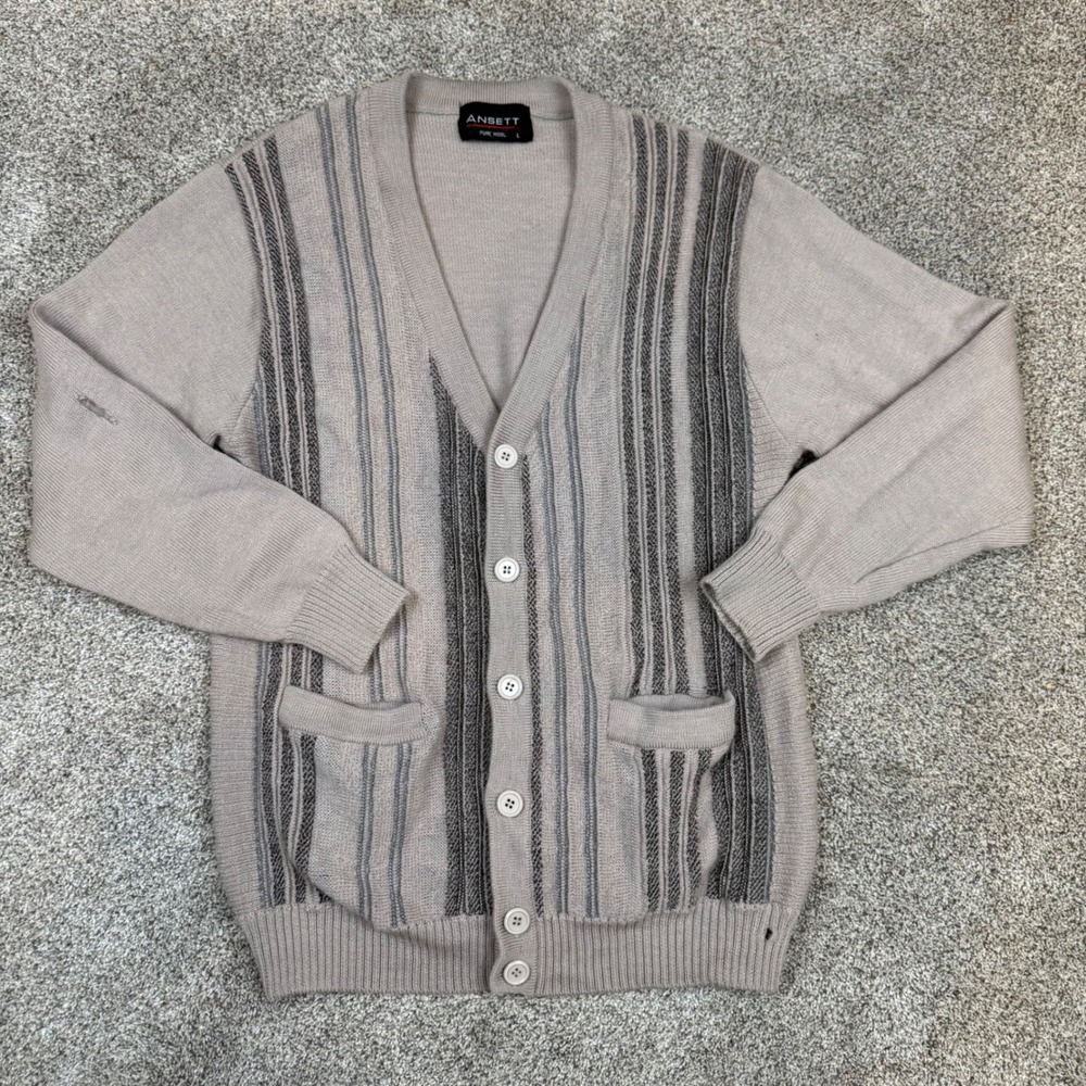 Vintage Ansett Pure Wool Cardigan Sweater Mens Large Grandpa Pockets
